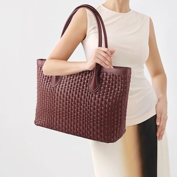 Neiman Marcus Burgundy Handwoven Vegan Leather Shoulder Tote Bag - Picture 1 of 3